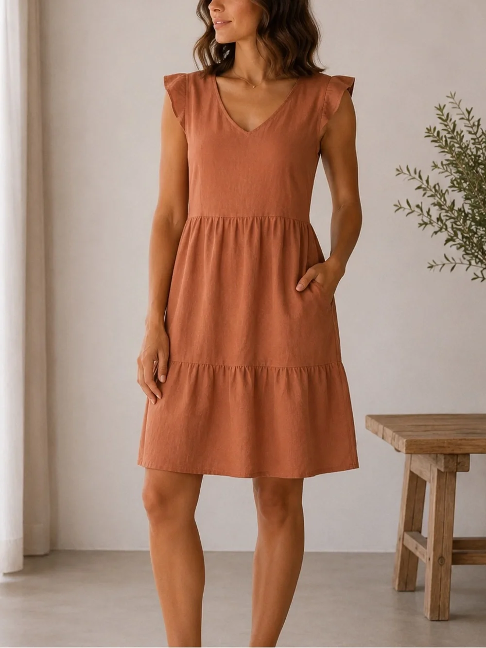 Goodthreads Rust Linen Blend Tiered Flutter Sleeve Mini Dress Pockets XS - Picture 1 of 9